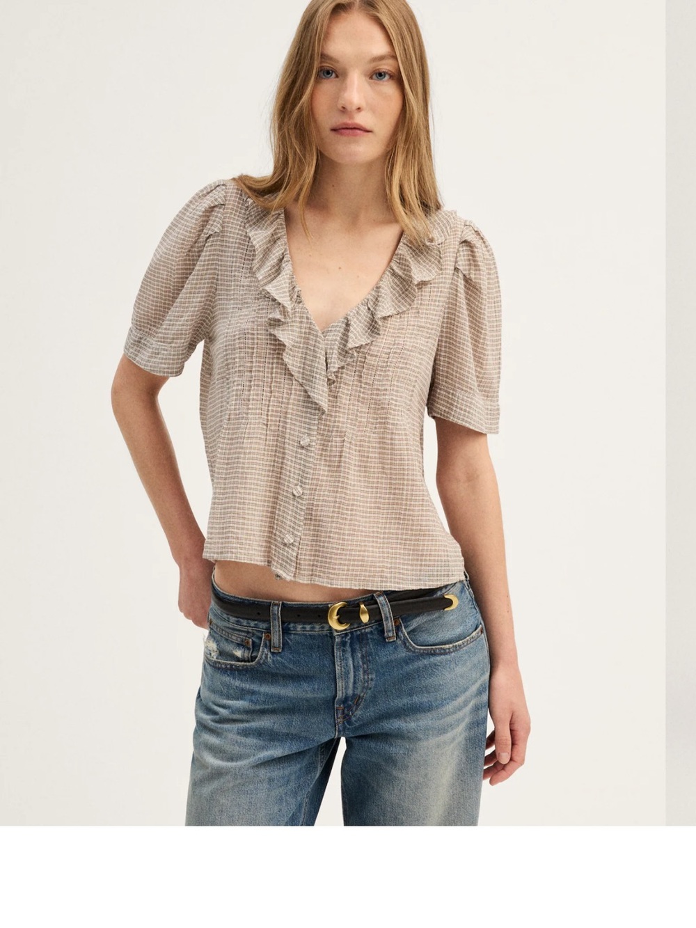Madewell Beige Ruffle V-Neck Button-Front Blouse